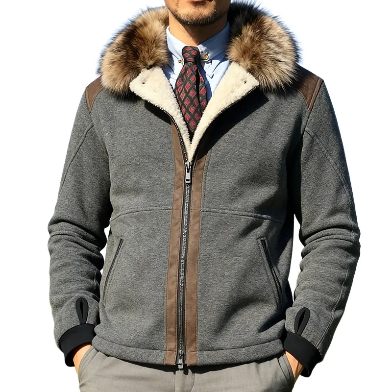 Men's Retro Casual Fur Collar Zippered Fleece Jacket MTA1661J7TO sold by Manly