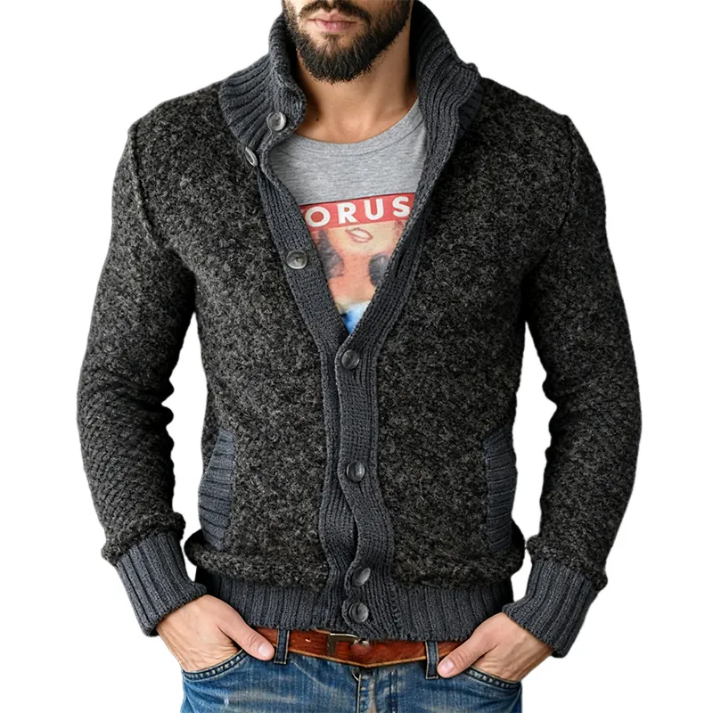 Men's Retro Casual Knitted Colorblock Button Sweater Stand Collar Cardigan MTA1686J8TO sold by Manly