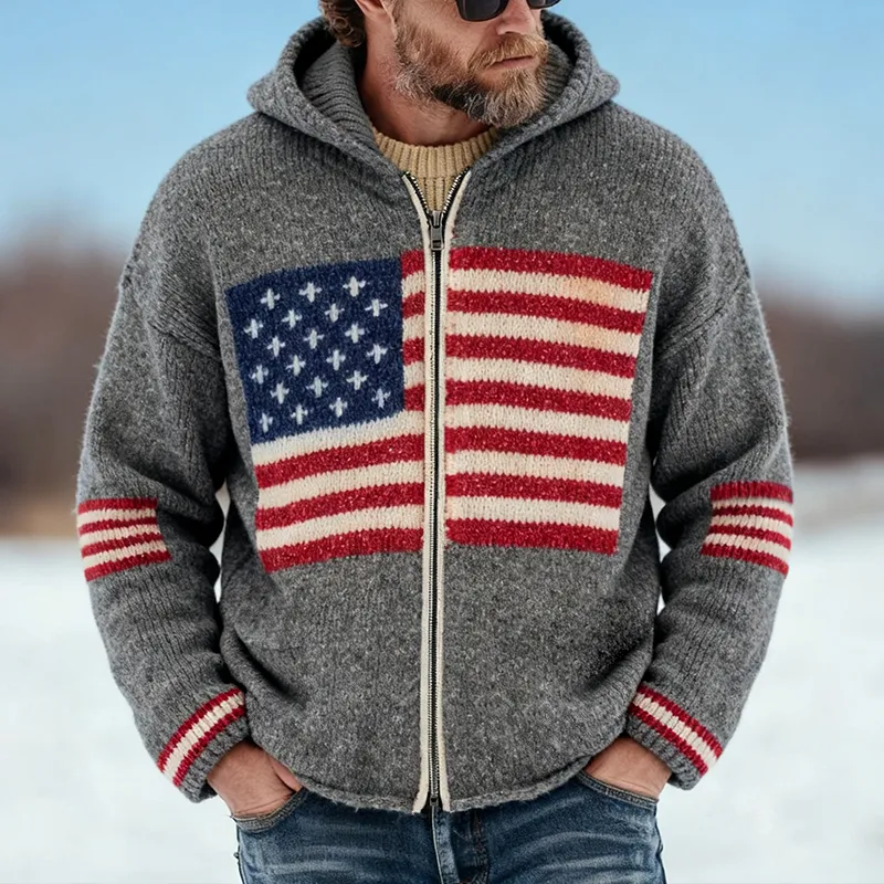 Men's Vintage Casual Knit American Flag Hooded Zip-Up Cardigan Jacket MTA1645J6TO sold by Manly product image thumbnail 2