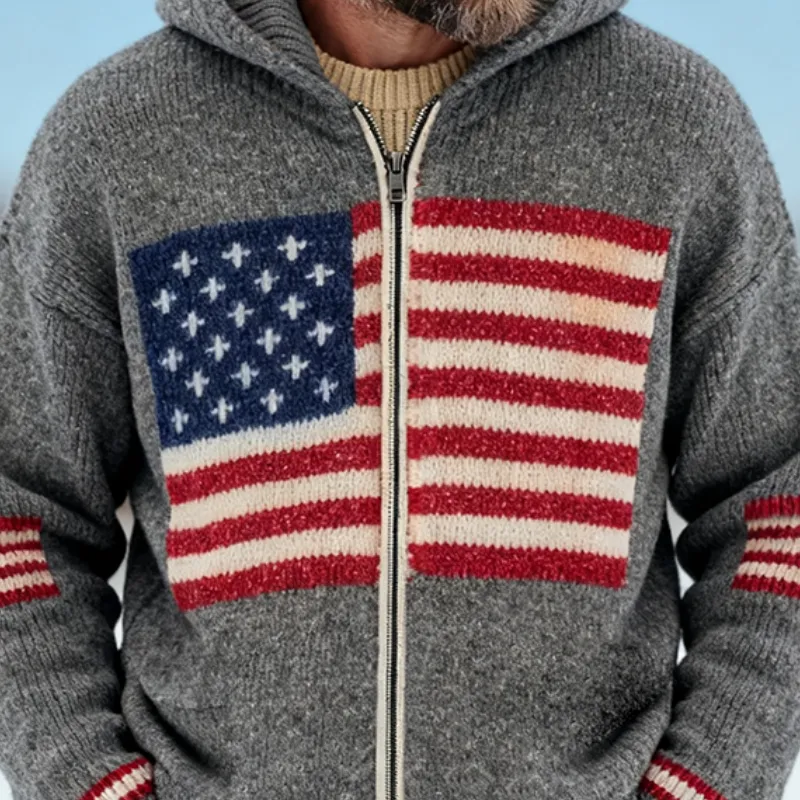 Men's Vintage Casual Knit American Flag Hooded Zip-Up Cardigan Jacket MTA1645J6TO sold by Manly product image thumbnail 3