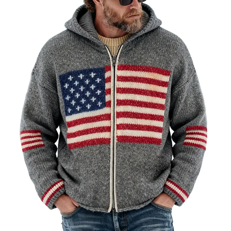 Men's Vintage Casual Knit American Flag Hooded Zip-Up Cardigan Jacket MTA1645J6TO sold by Manly