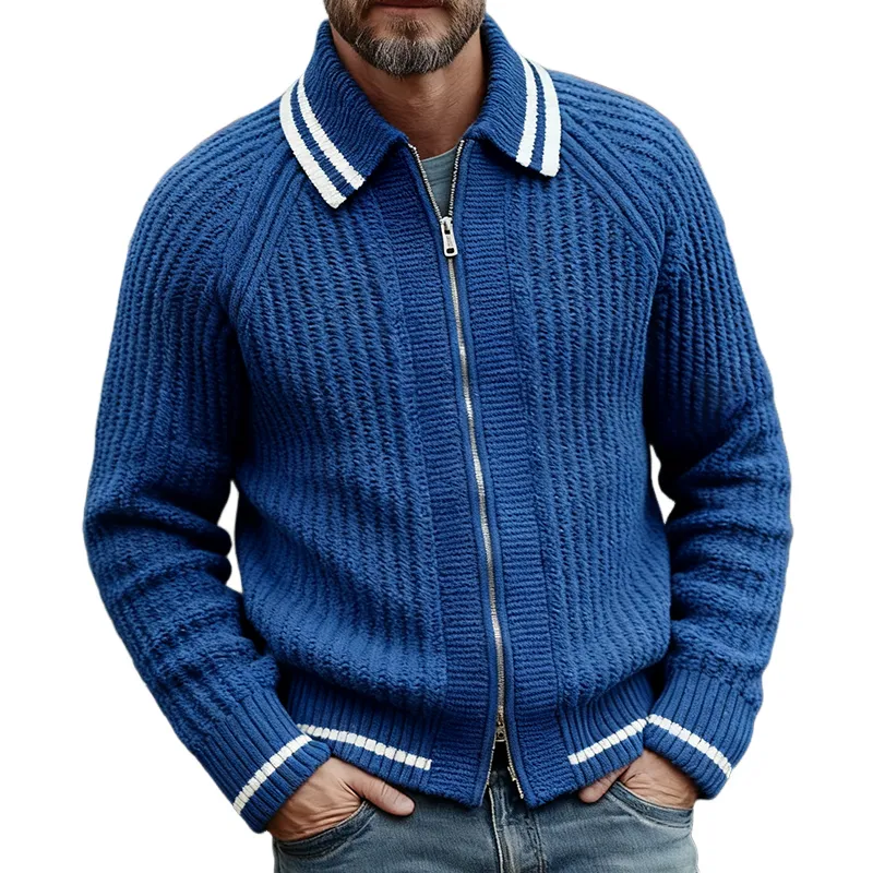 Men's Retro Casual Striped Knitted Colorblock Double Zipper Lapel Sweater Cardigan MTA1643J2TO sold by Manly