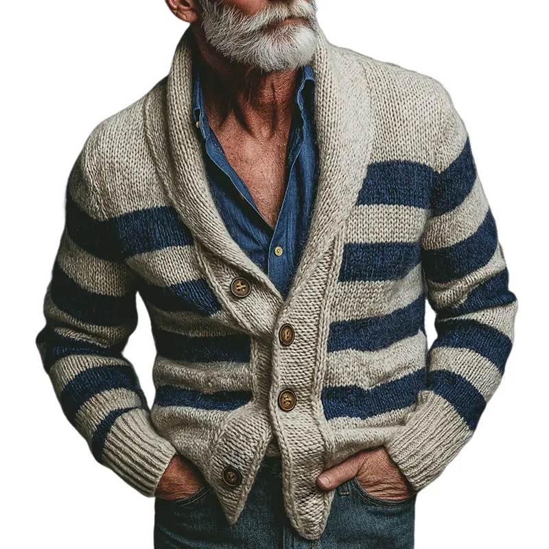 Men's Retro Casual Striped Knitted Colorblock Sweater Button Cardigan MTA1688J3TO sold by Manly