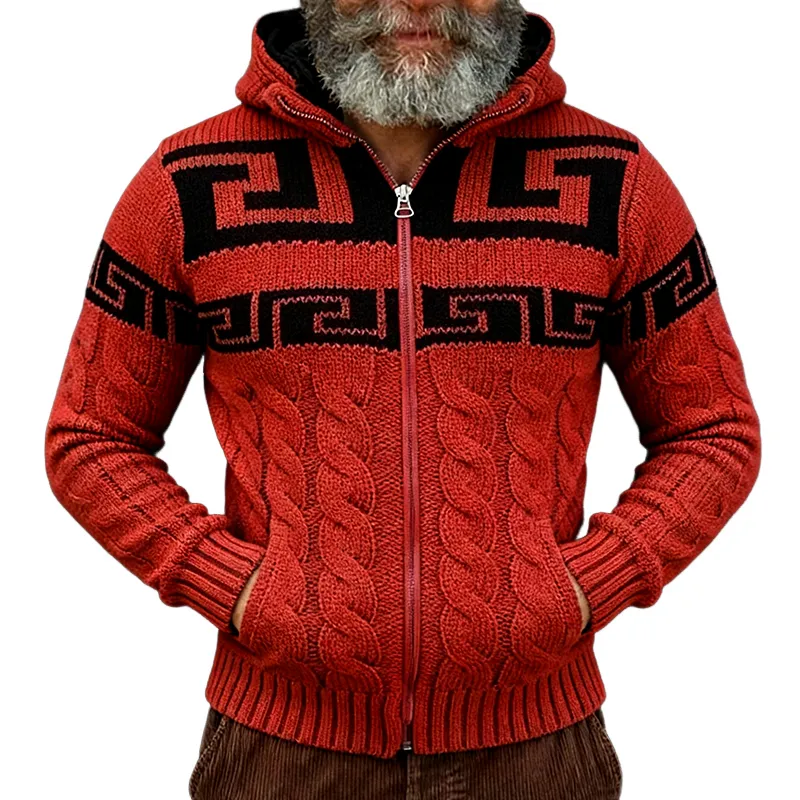 Men's Vintage Casual Greek Key Knit Colorblock Zip Hooded Cardigan Jacket MTA1602J4TO sold by Manly