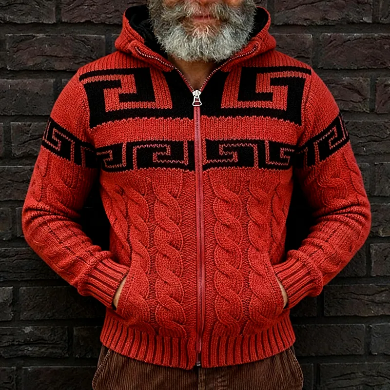 Men's Vintage Casual Greek Key Knit Colorblock Zip Hooded Cardigan Jacket MTA1602J4TO sold by Manly product image thumbnail 2