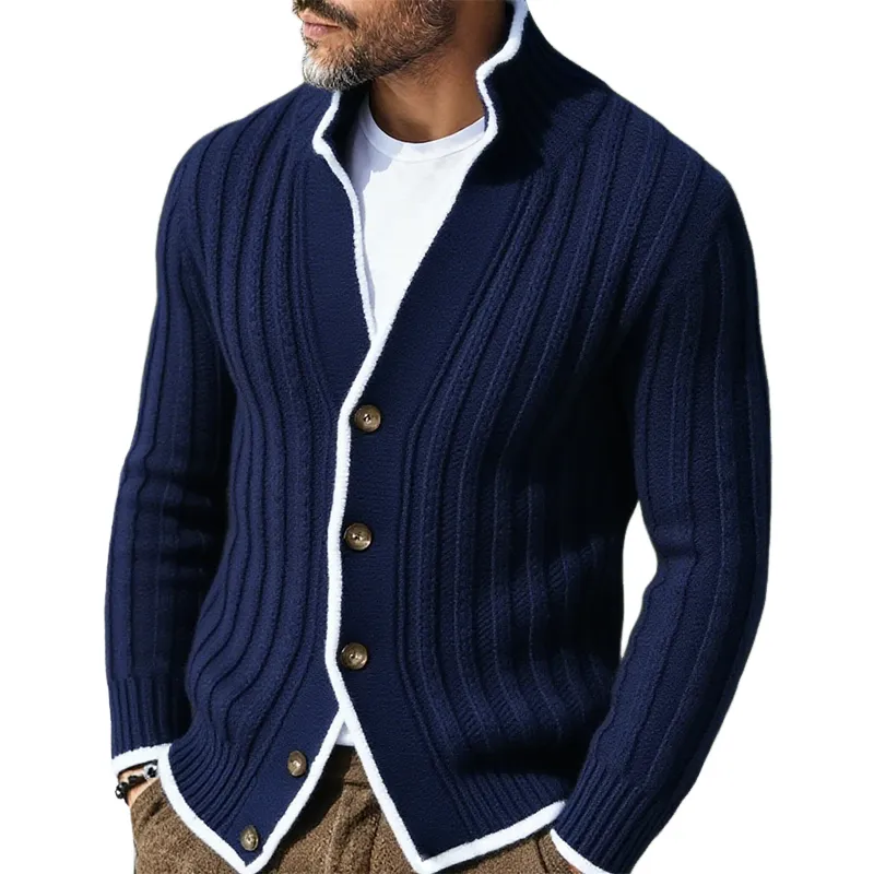 Men's Retro Casual Knitted Colorblock Button Sweater Stand Collar Cardigan MTA1655J8TO sold by Manly