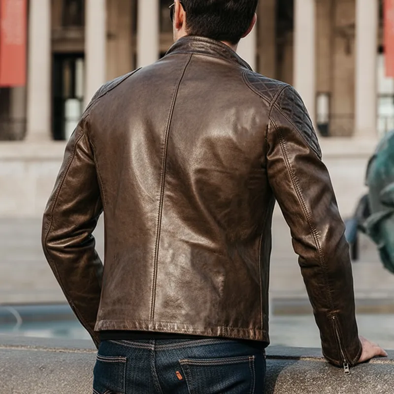 Men's Vintage Brown Stand Collar Shiny PU Leather Jacket MTA1708J2U sold by Manly product image thumbnail 3