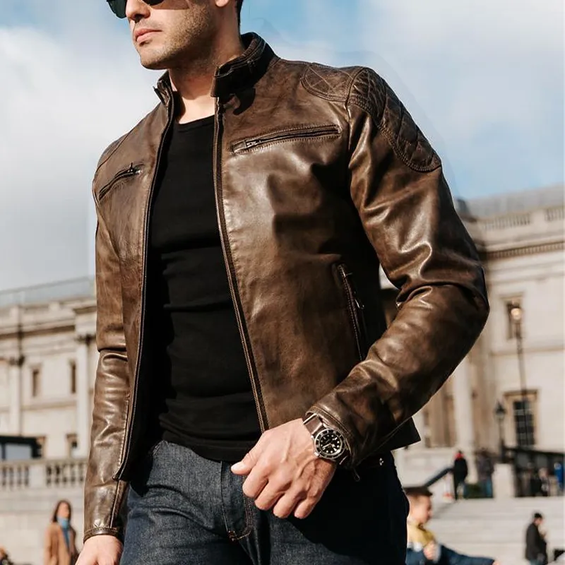 Men's Vintage Brown Stand Collar Shiny PU Leather Jacket MTA1708J2U sold by Manly product image thumbnail 4