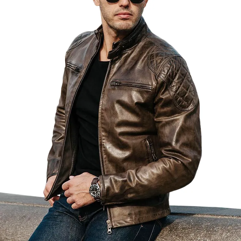 Men's Vintage Brown Stand Collar Shiny PU Leather Jacket MTA1708J2U sold by Manly