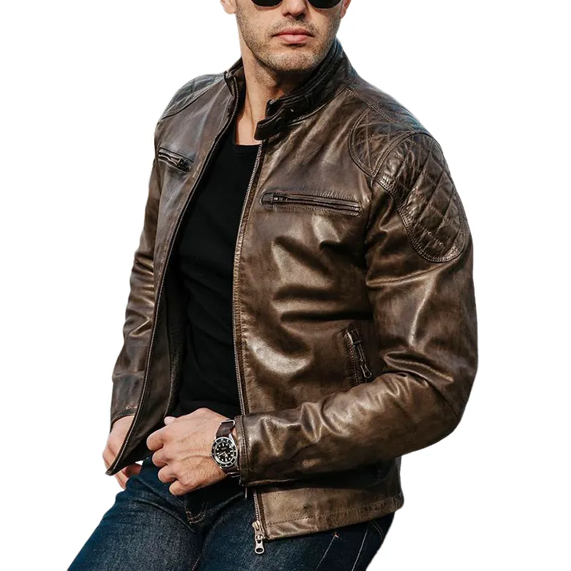 Men's Vintage Brown Stand Collar Shiny PU Leather Jacket MTA1708J2U sold by Manly product image thumbnail 5