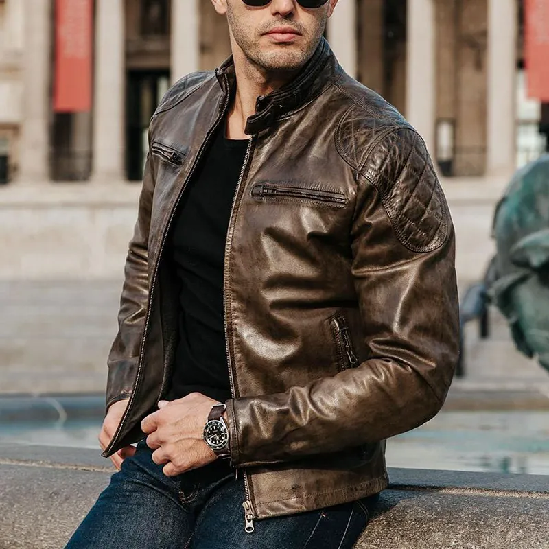 Men's Vintage Brown Stand Collar Shiny PU Leather Jacket MTA1708J2U sold by Manly product image thumbnail 2