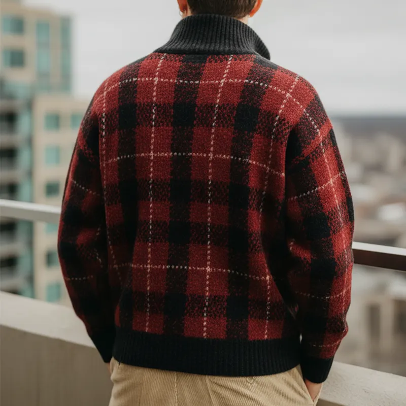 Men's Retro Black And Red Plaid Stand Collar Knitted Sweater MTA1780J6U sold by Manly product image thumbnail 3