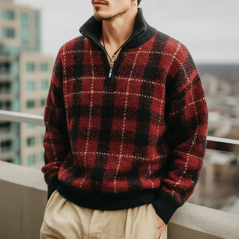 Men's Retro Black And Red Plaid Stand Collar Knitted Sweater MTA1780J6U sold by Manly product image thumbnail 2