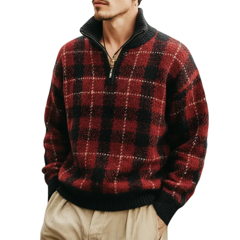 Men's Retro Black And Red Plaid Stand Collar Knitted Sweater MTA1780J6U sold by Manly