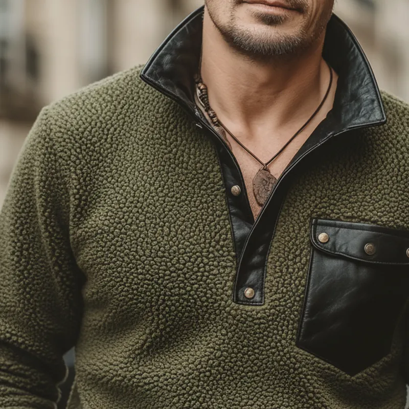 Men's Vintage Polar Fleece And PU Leather Stand Collar Sweatshirt MTA1732J7U sold by Manly product image thumbnail 3