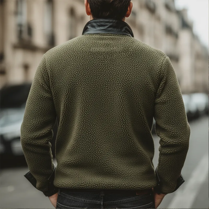 Men's Vintage Polar Fleece And PU Leather Stand Collar Sweatshirt MTA1732J7U sold by Manly product image thumbnail 4