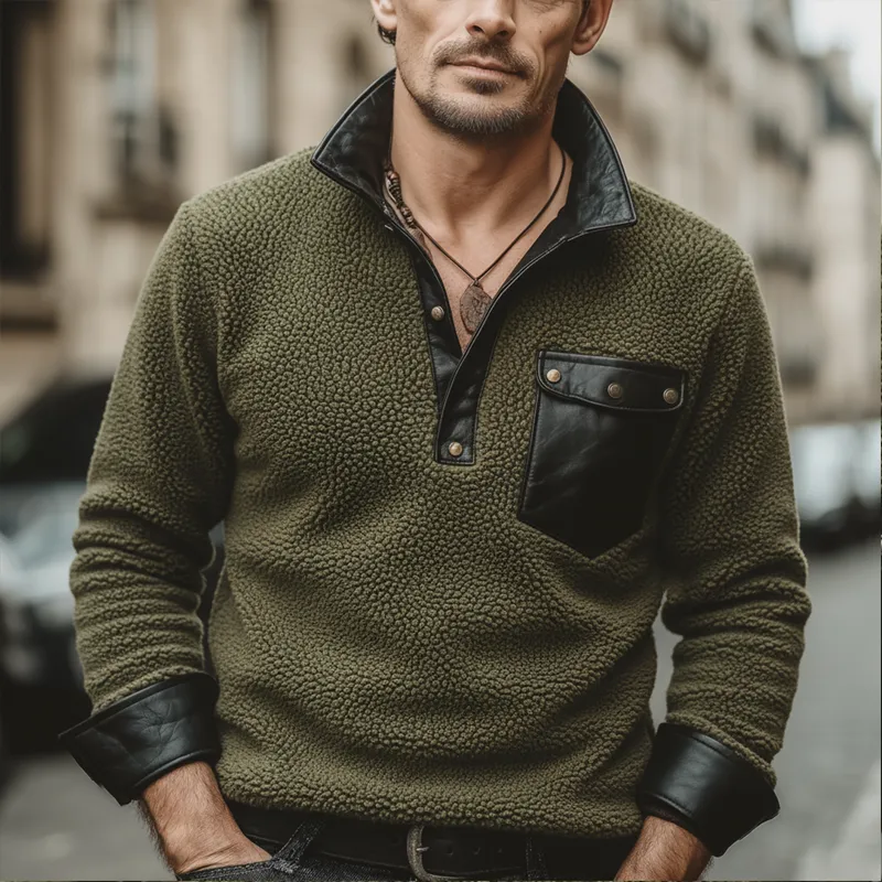 Men's Vintage Polar Fleece And PU Leather Stand Collar Sweatshirt MTA1732J7U sold by Manly product image thumbnail 2