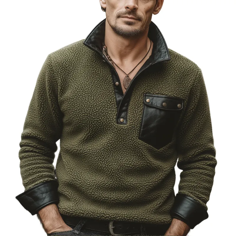 Men's Vintage Polar Fleece And PU Leather Stand Collar Sweatshirt MTA1732J7U sold by Manly