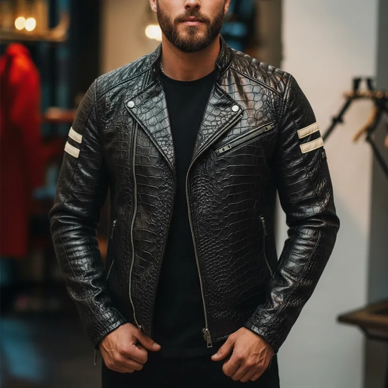 Men's Winter Fashion Crocodile Pattern PU Faux Leather Motorcycle Jacket MTA1758J5P sold by Manly product image thumbnail 2