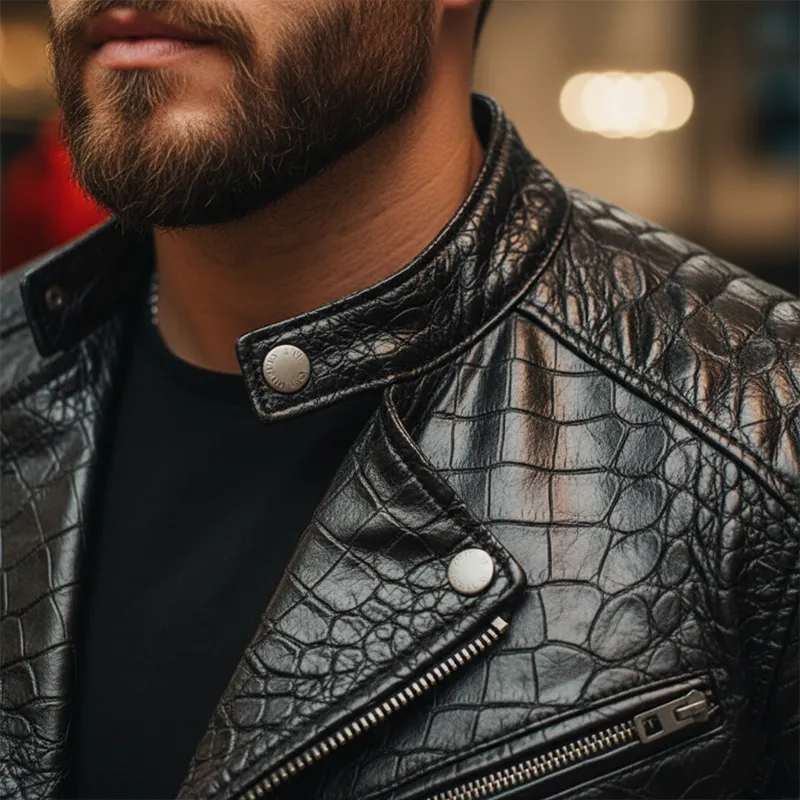 Men's Winter Fashion Crocodile Pattern PU Faux Leather Motorcycle Jacket MTA1758J5P sold by Manly product image thumbnail 3