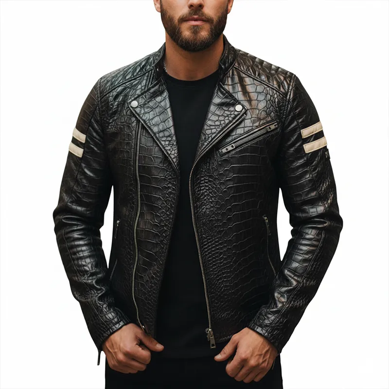 Men's Winter Fashion Crocodile Pattern PU Faux Leather Motorcycle Jacket MTA1758J5P sold by Manly