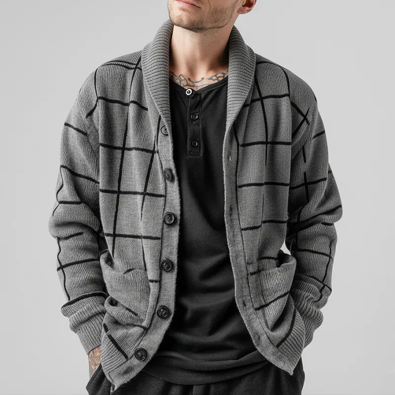 Men's Simple Plaid Cotton Knit Lapel Cardigan MTA1677J1P sold by Manly product image thumbnail 2