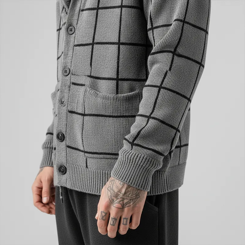 Men's Simple Plaid Cotton Knit Lapel Cardigan MTA1677J1P sold by Manly product image thumbnail 5