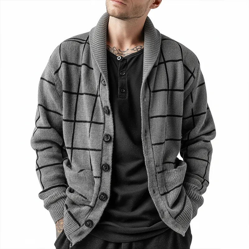 Men's Simple Plaid Cotton Knit Lapel Cardigan MTA1677J1P sold by Manly