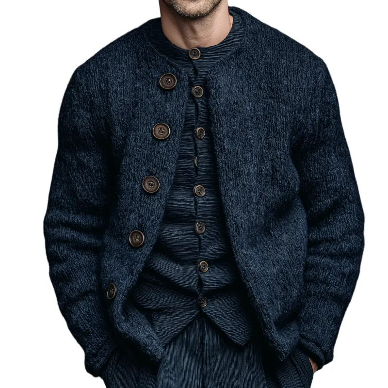 Men's Vintage Casual Cotton Knitted Collarless Button-Down Sweater Cardigan MTA1411J6TO sold by Manly