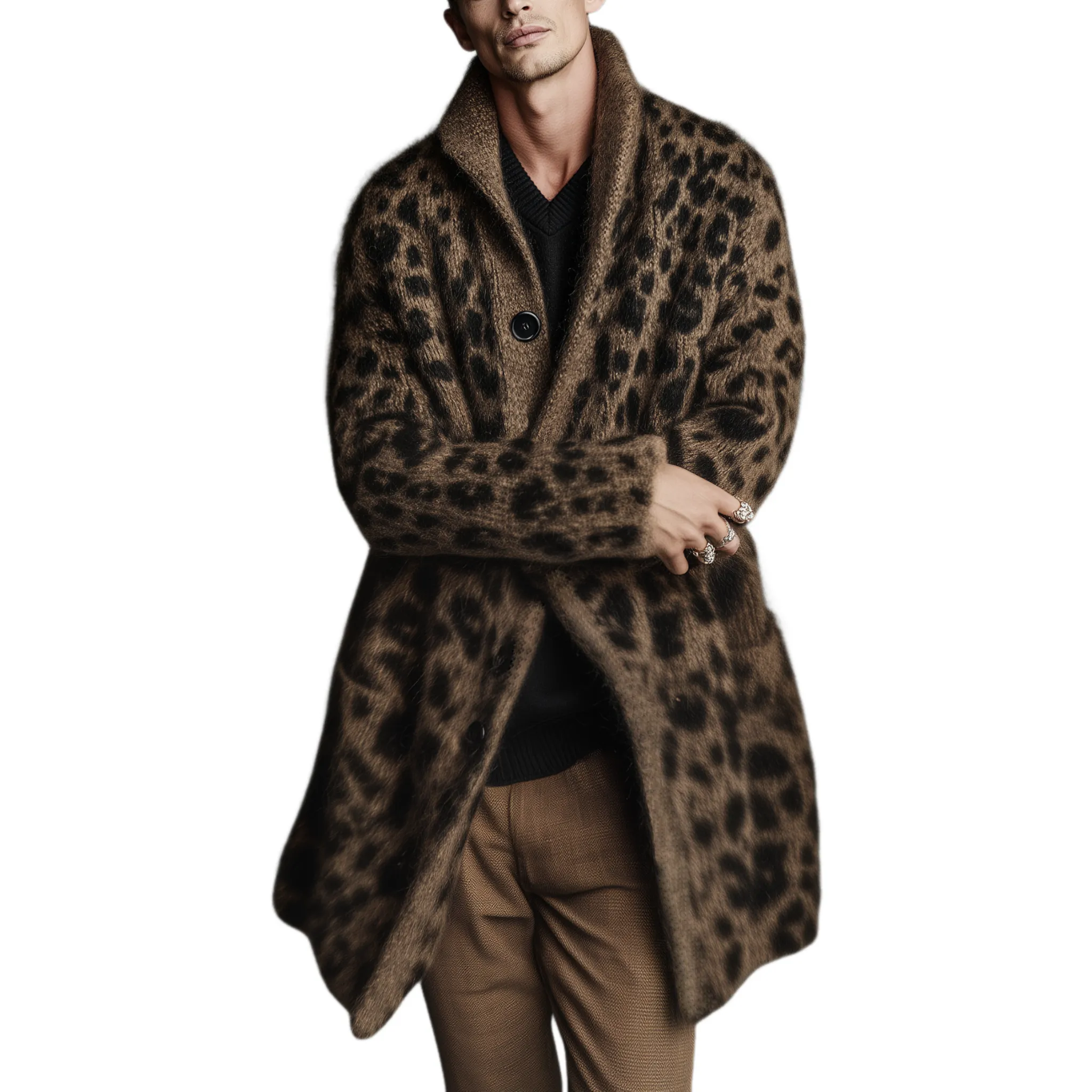 Men's Classic Casual Stand-up Collar Leopard Print Thigh-length Knitted Cardigan MTA1697J6K sold by Manly