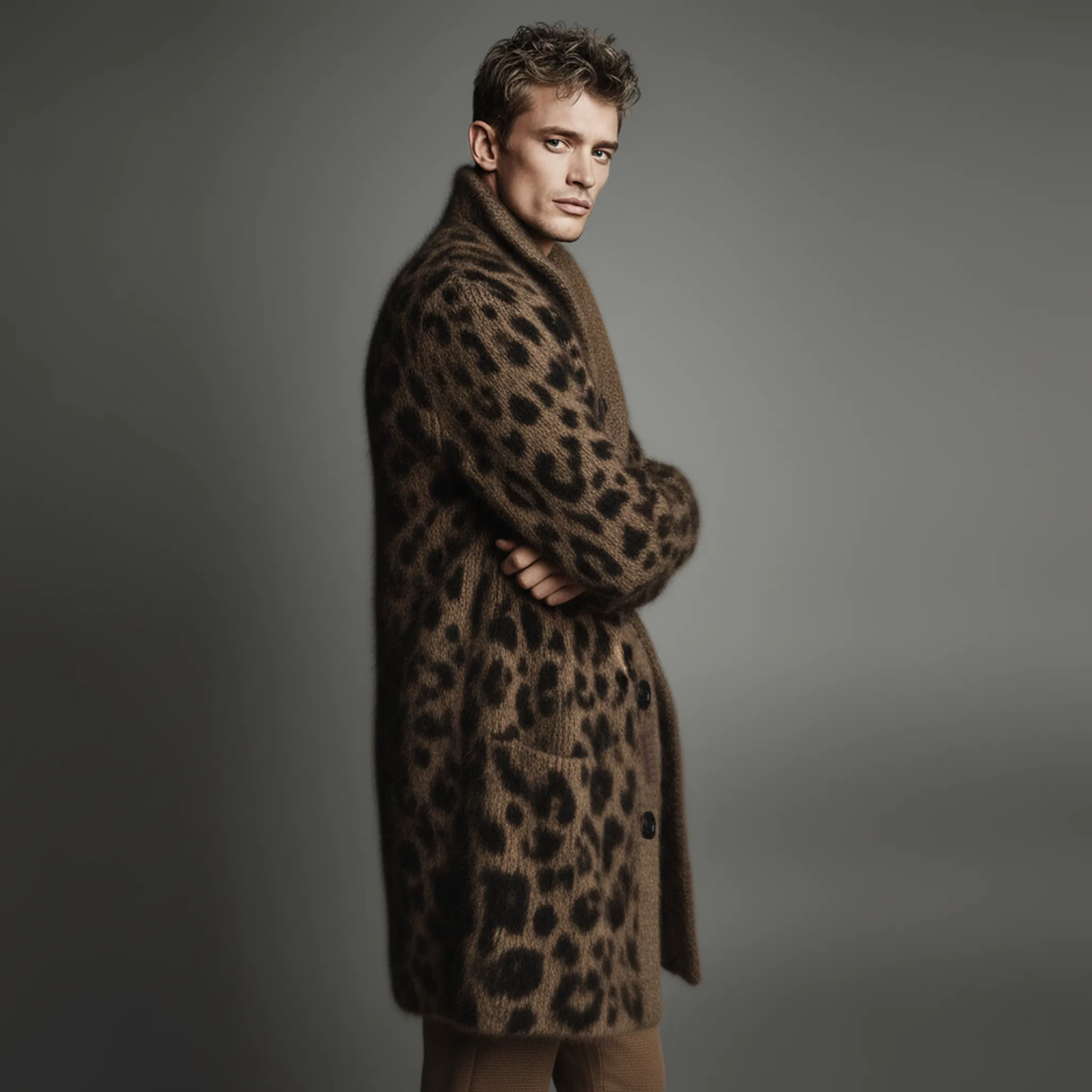 Men's Classic Casual Stand-up Collar Leopard Print Thigh-length Knitted Cardigan MTA1697J6K sold by Manly product image thumbnail 3