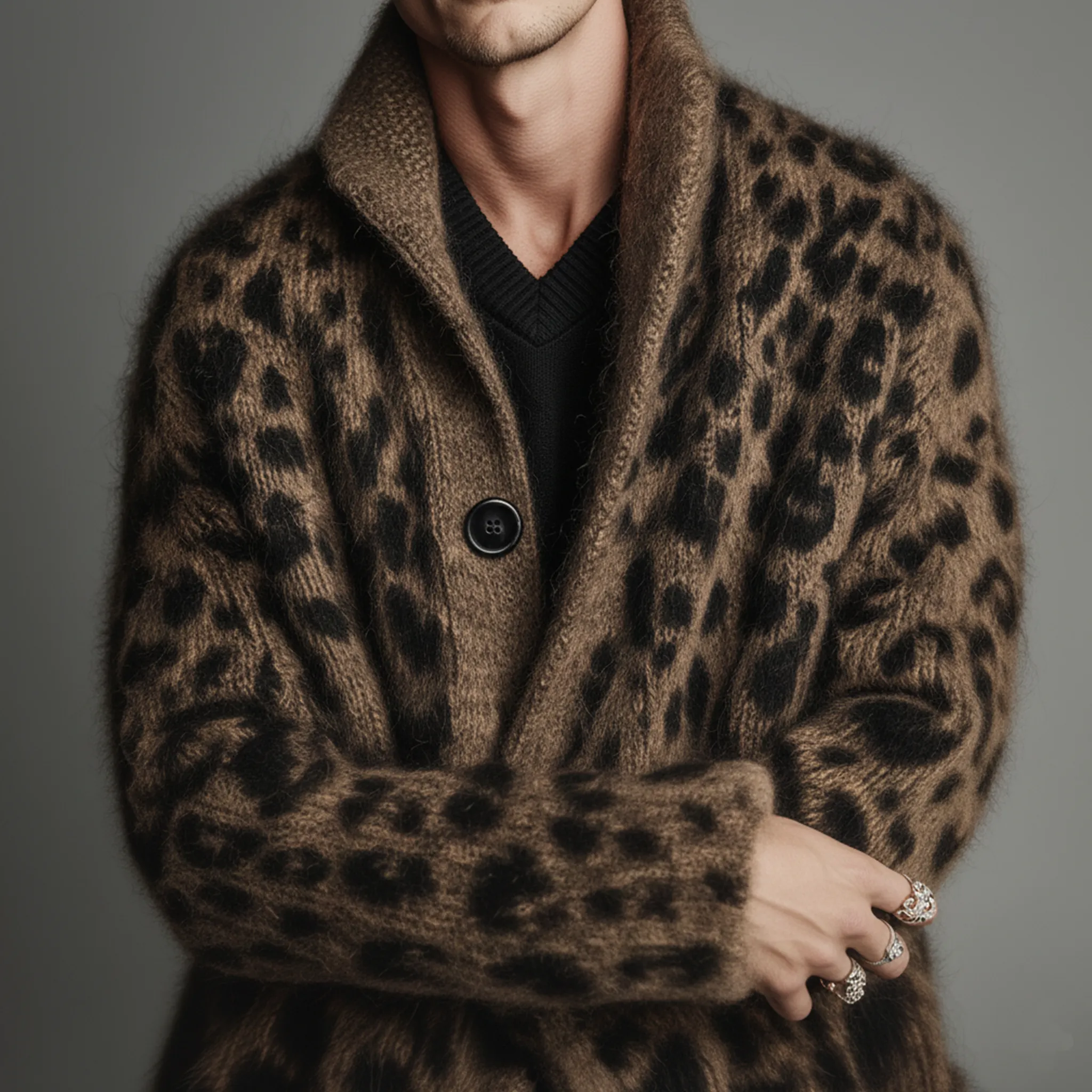 Men's Classic Casual Stand-up Collar Leopard Print Thigh-length Knitted Cardigan MTA1697J6K sold by Manly product image thumbnail 5