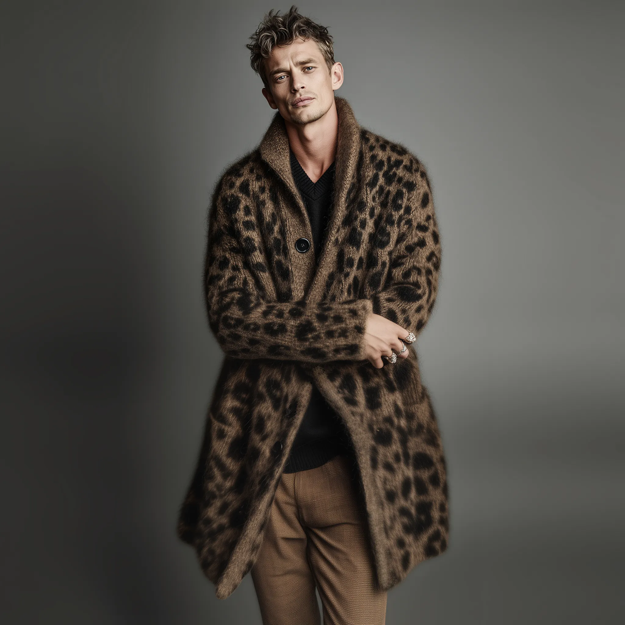 Men's Classic Casual Stand-up Collar Leopard Print Thigh-length Knitted Cardigan MTA1697J6K sold by Manly product image thumbnail 2