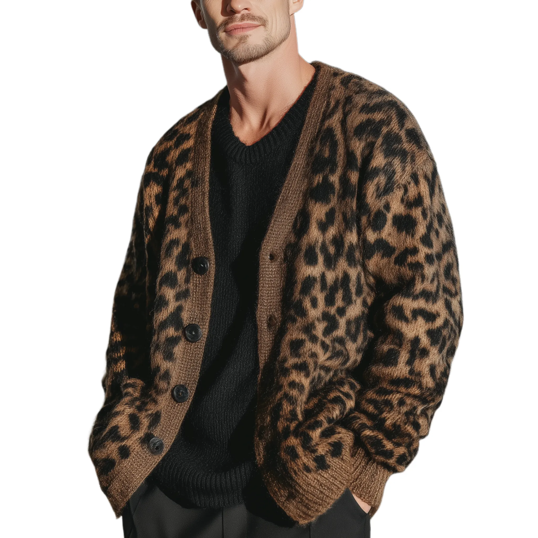 Men's Classic Casual Leopard Print Loose Knit Cardigan MTA1600J4K sold by Manly