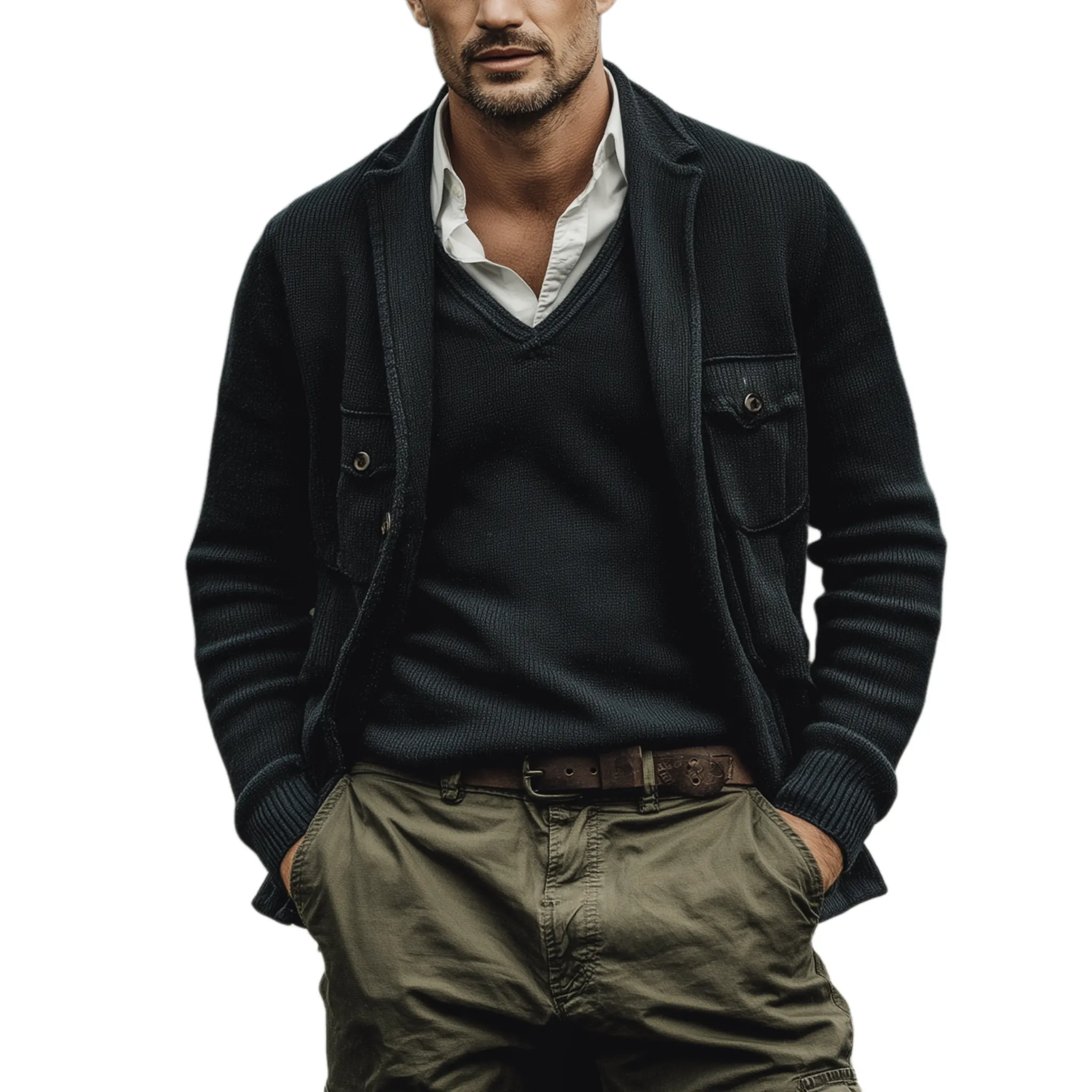 Men's Classic Casual Suit Collar Pocket Knit Cardigan MTA1465J3K sold by Manly