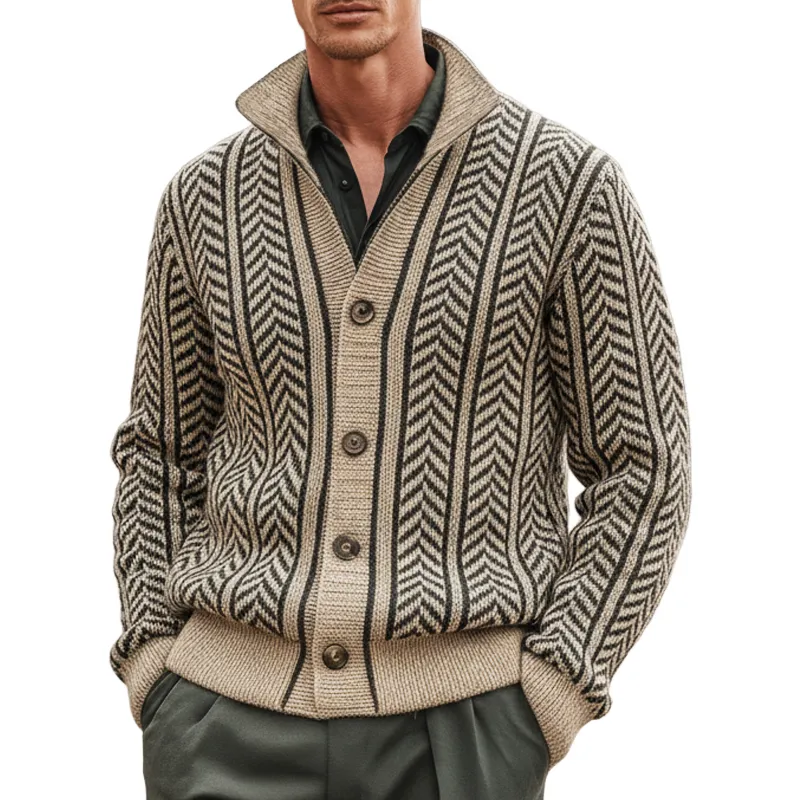 Men's Vintage Herringbone Jacquard Stand Collar Button Knit Cardigan MTA2194J0U sold by Manly