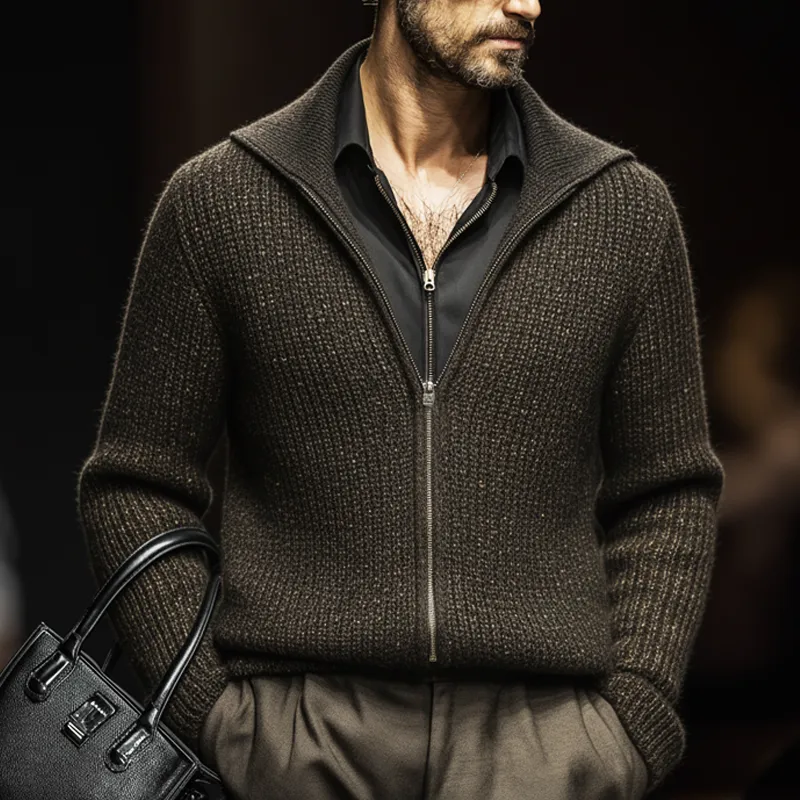 Men's Vintage Business Olive Green Zipper Lapel Knit Cardigan MTA2198J4U sold by Manly product image thumbnail 5