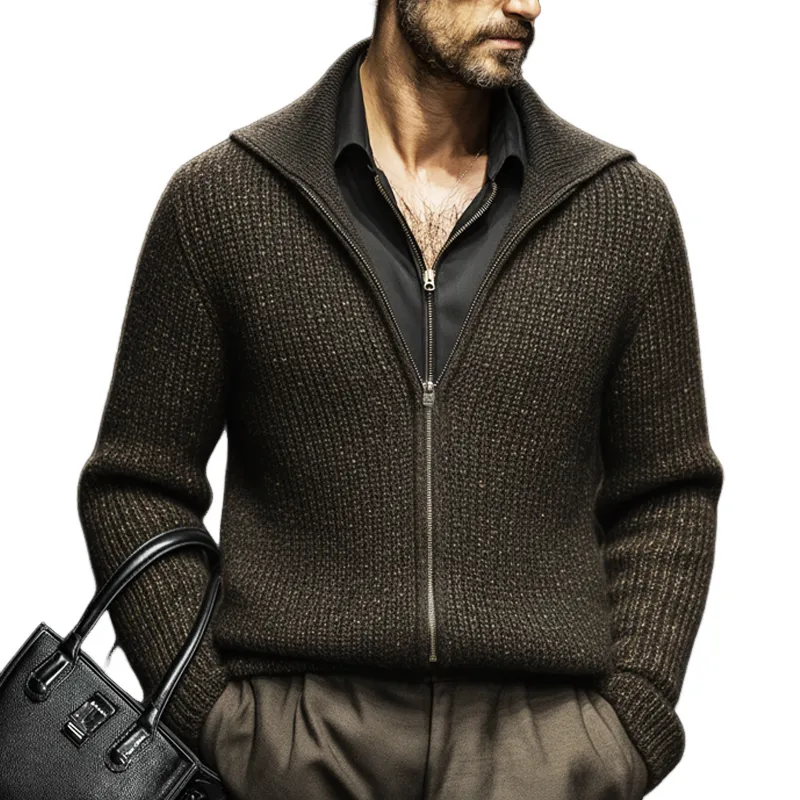 Men's Vintage Business Olive Green Zipper Lapel Knit Cardigan MTA2198J4U sold by Manly