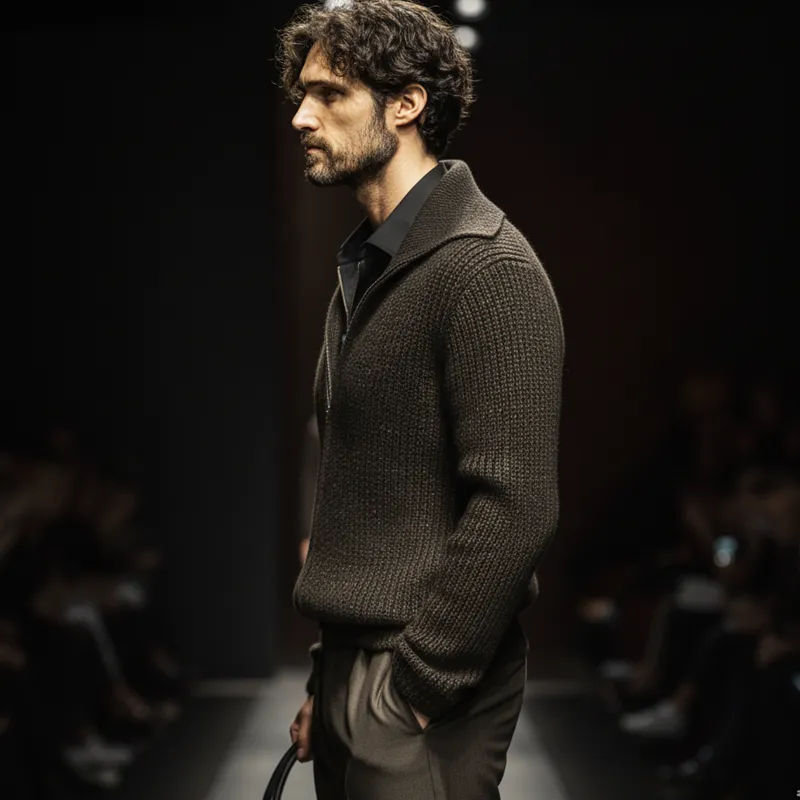 Men's Vintage Business Olive Green Zipper Lapel Knit Cardigan MTA2198J4U sold by Manly product image thumbnail 3