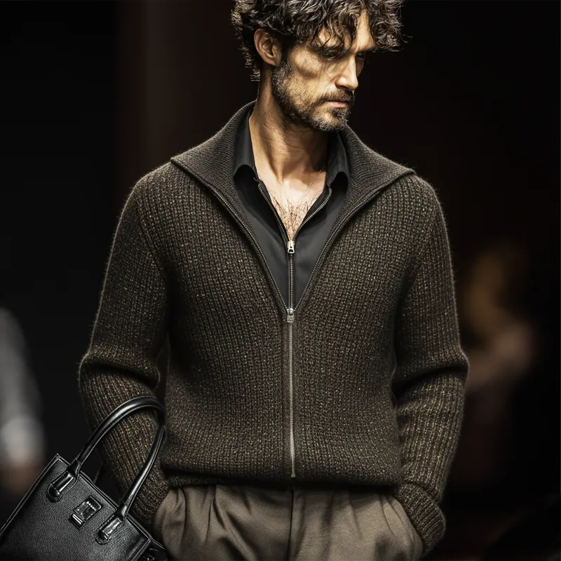 Men's Vintage Business Olive Green Zipper Lapel Knit Cardigan MTA2198J4U sold by Manly product image thumbnail 2