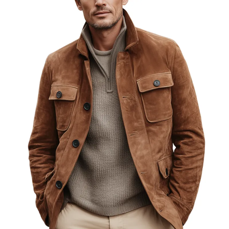 Men's Classic Retro Business Stand Collar Faux Suede Multi-Pocket Jacket MTA2176J0K sold by Manly