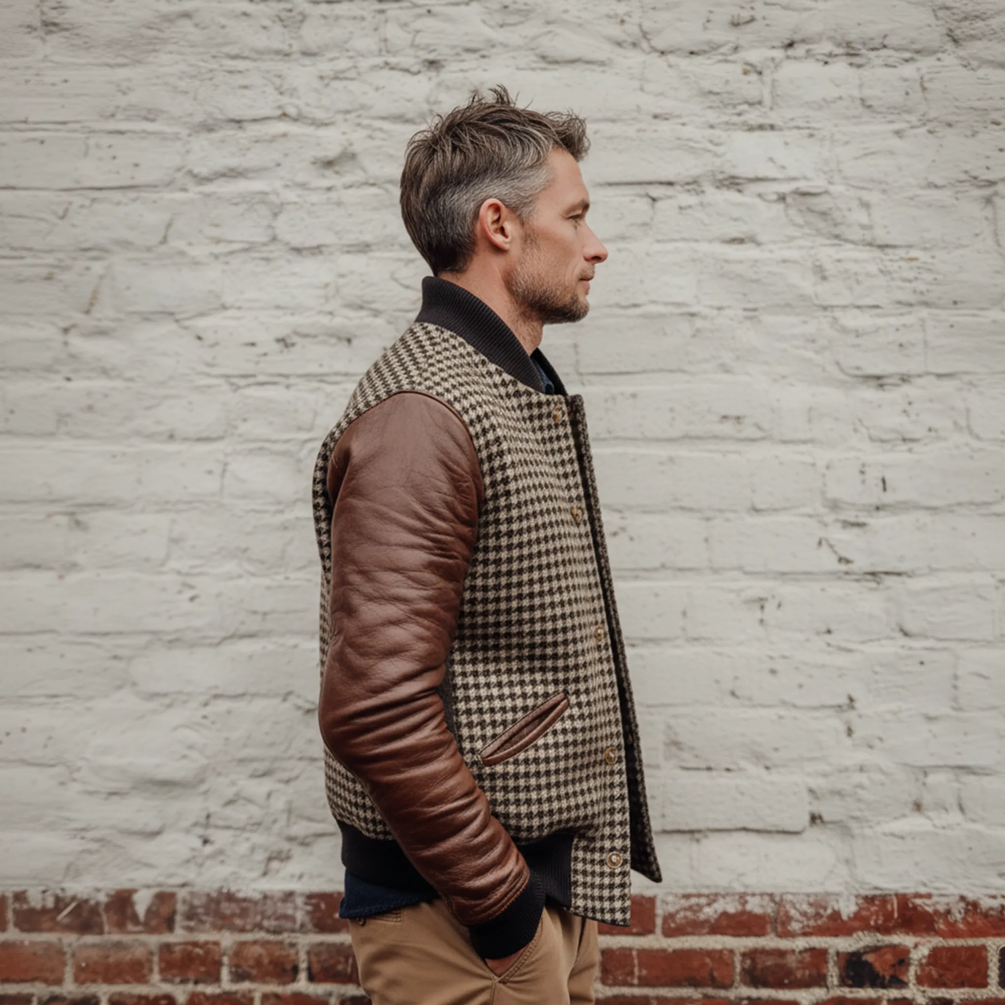 Men's Classic Casual Sleeves Stitching PU Leather Button Imitation Houndstooth Flight Jacket MTA2108J4K sold by Manly product image thumbnail 3