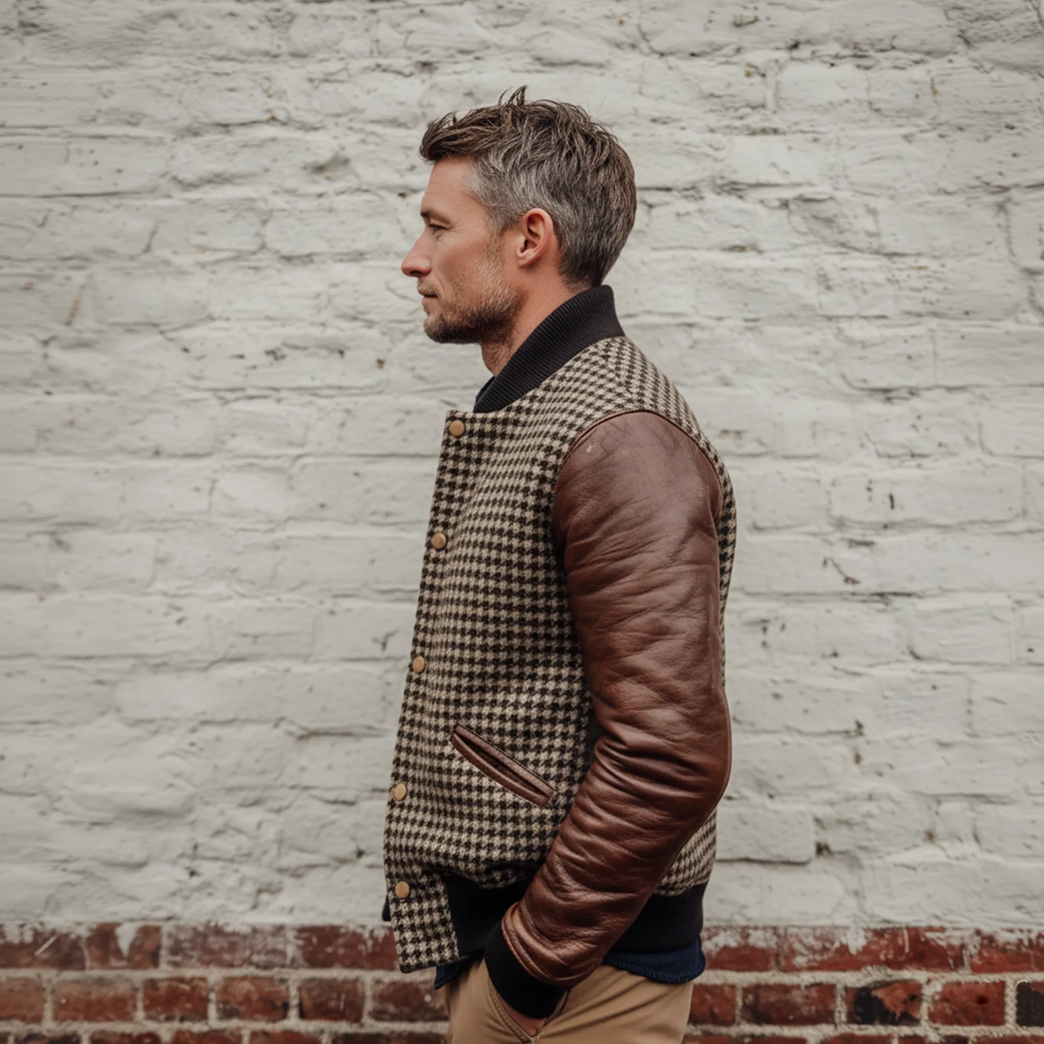 Men's Classic Casual Sleeves Stitching PU Leather Button Imitation Houndstooth Flight Jacket MTA2108J4K sold by Manly product image thumbnail 5