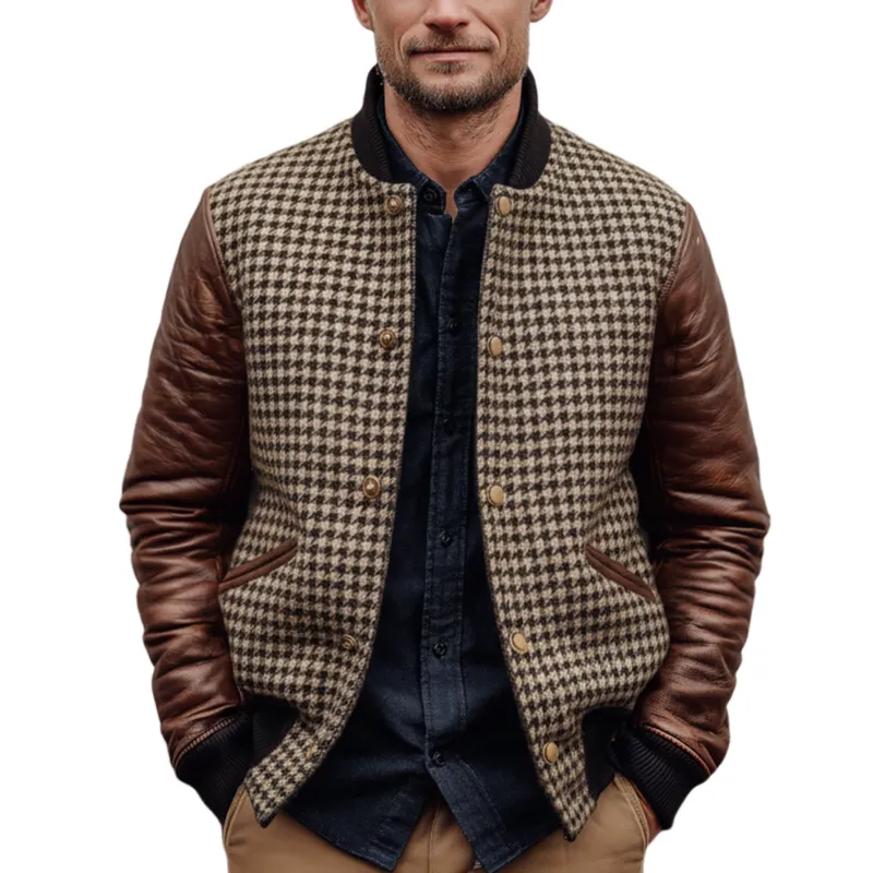 Men's Classic Casual Sleeves Stitching PU Leather Button Imitation Houndstooth Flight Jacket MTA2108J4K sold by Manly