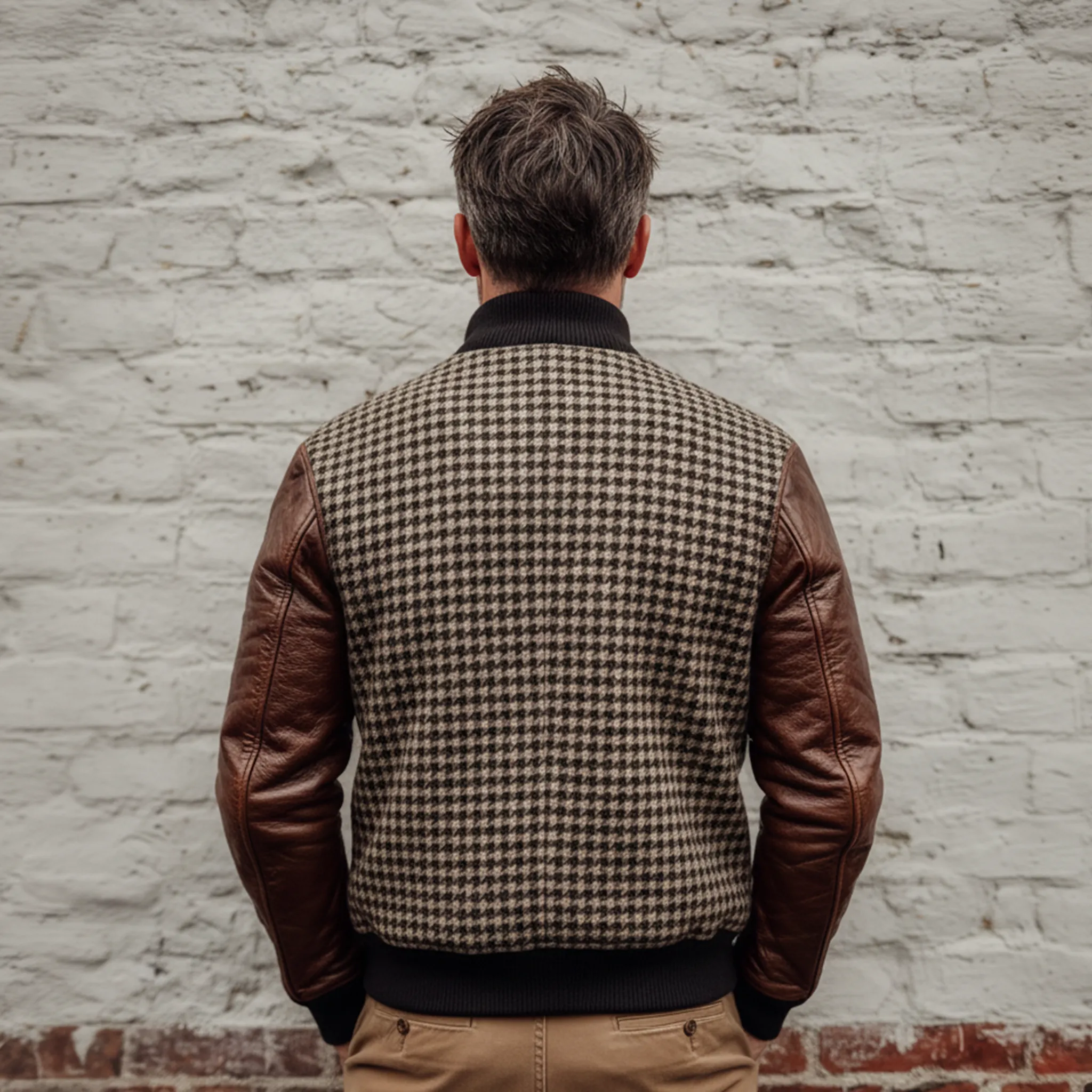 Men's Classic Casual Sleeves Stitching PU Leather Button Imitation Houndstooth Flight Jacket MTA2108J4K sold by Manly product image thumbnail 4