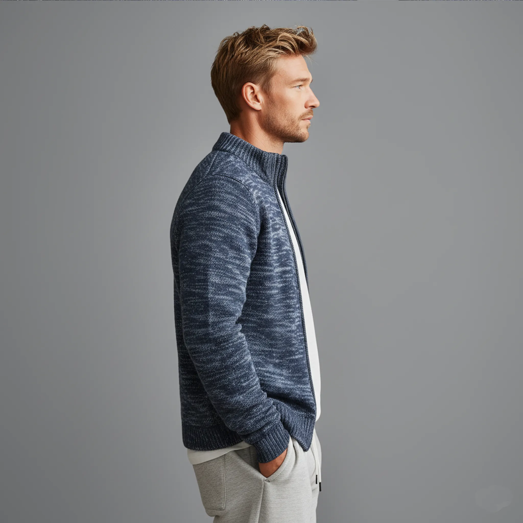 Men's Classic Casual Heterogeneous Textured Stand Collar Zippered Knit Cardigan MTA2183J0K sold by Manly product image thumbnail 3