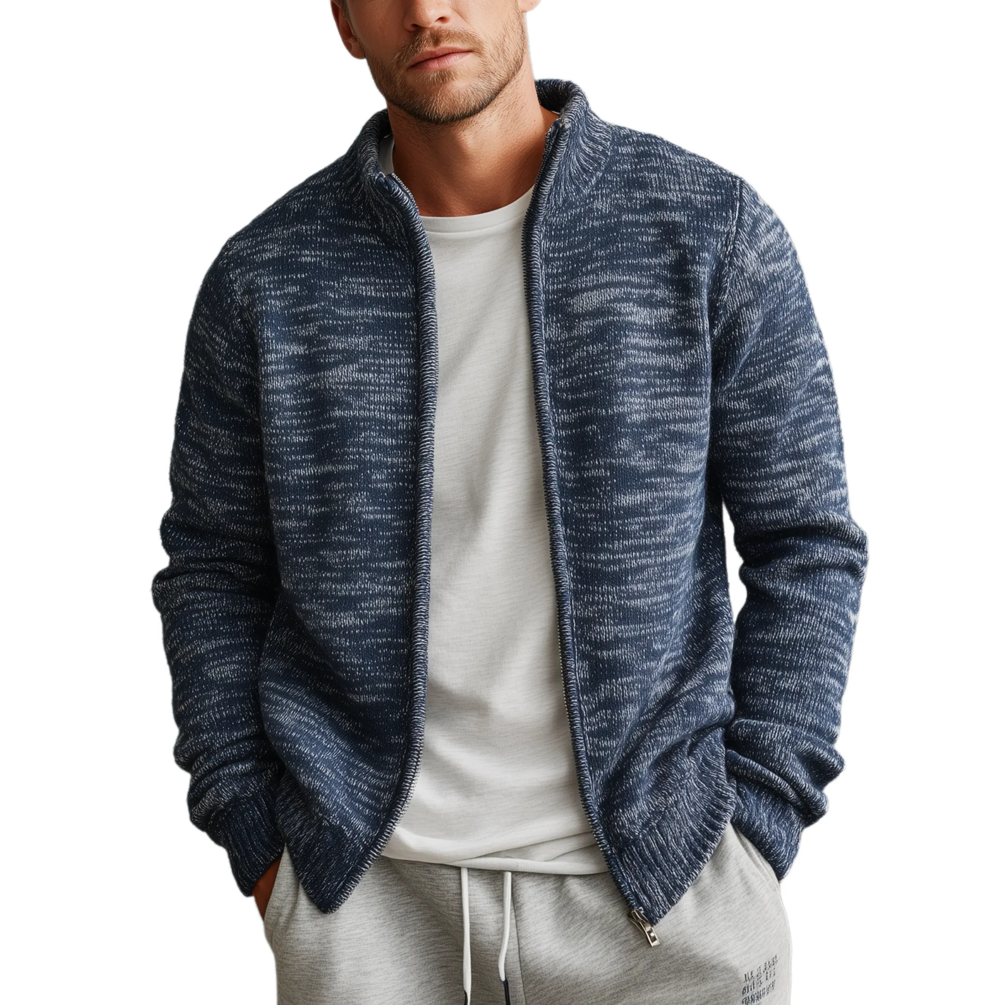Men's Classic Casual Heterogeneous Textured Stand Collar Zippered Knit Cardigan MTA2183J0K sold by Manly