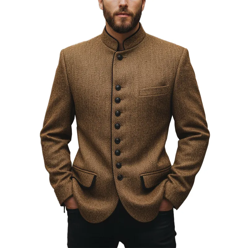 Men's Winter Retro Herringbone Faux Wool Stand Collar Coat MTA2104J7P sold by Manly