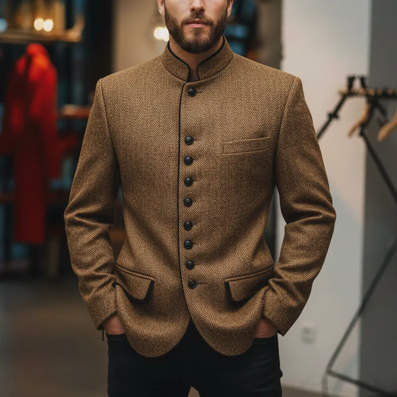 Men's Winter Retro Herringbone Faux Wool Stand Collar Coat MTA2104J7P sold by Manly product image thumbnail 2