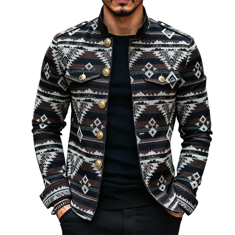Men's Retro Casual Ethnic Style Geometric Stitching Stand Collar Jacket MTA1708J8TO sold by Manly